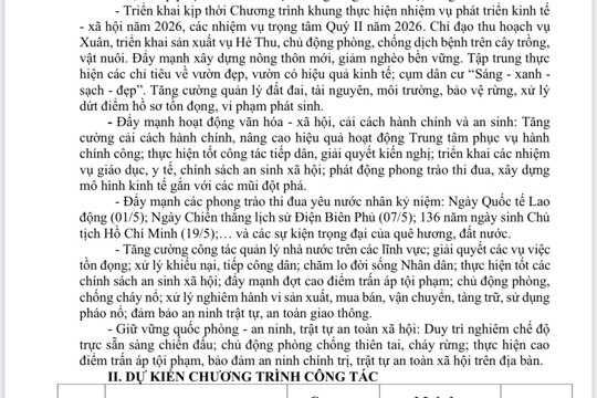Chương trình công tác tháng 5